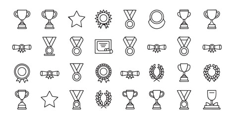 Minimalist outline award icons featuring trophy cups medals stars and scroll diplomas for victory celebration