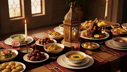 Traditional Iftar spread with various dishes, dates, and a lantern, illuminated by candlelight, creating a warm and inviting atmosphere for breaking the fast.
