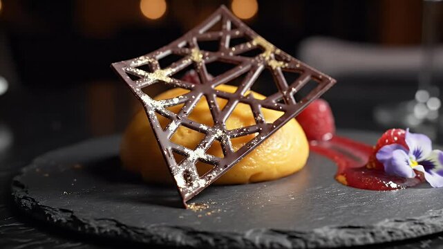 Gourmet dessert displayed on slate with geometric chocolate decoration