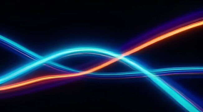 Vibrant neon lights intersecting in a dark environment viewed from a straight angle