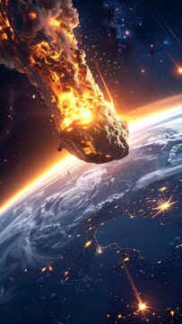 A massive asteroid hurtles towards Earth, engulfed in flames and debris