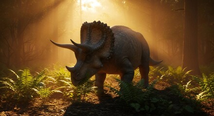 Fototapeta premium Triceratops dinosaur grazing in a prehistoric forest with sun rays. Ancient wild animal in Mesozoic era for natural history concept.