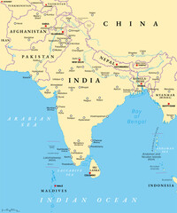 Obraz premium South Asia, political map with borders, capitals and large cities. Subregion of Asia, comprising the states India, Pakistan, Afghanistan, Nepal, Bhutan, Bangladesh, Sri Lanka, and the Maldives. Vector