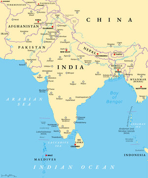 South Asia, political map with borders, capitals and large cities. Subregion of Asia, comprising the states India, Pakistan, Afghanistan, Nepal, Bhutan, Bangladesh, Sri Lanka, and the Maldives. Vector