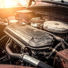 Rusty vehicle engine showing intricate details in a close-up shot with warm sunlight on a weathered surface