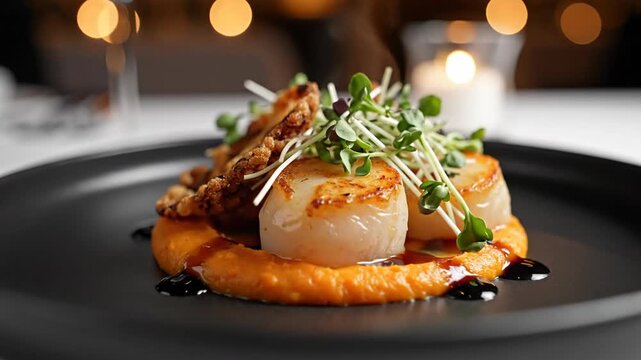 Gourmet dish presentation on black plate with orange puree