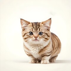 Adorable golden tabby kitten with bright blue eyes on white background
