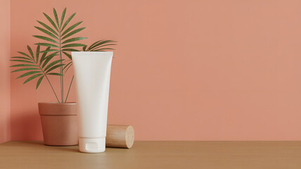 Minimalist still life featuring a white cosmetic cream tube and a potted plant against a soft peach wall