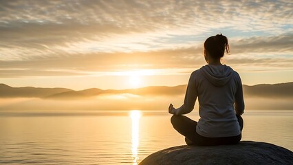 Woman Meditating on Rock by Lake at Sunrise.