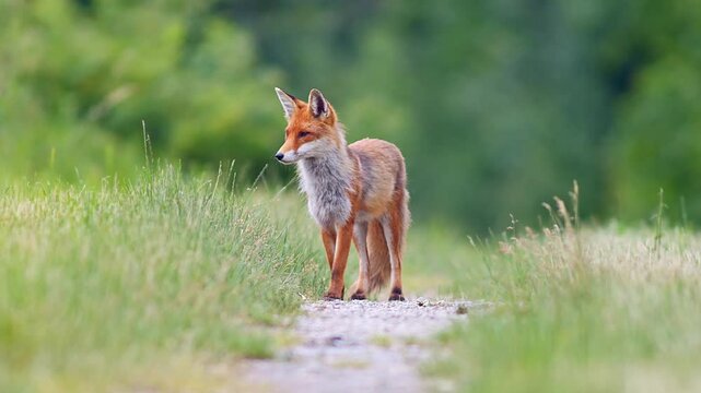 Red Fox (Vulpes vulpes) Curiously Searching for Prey on Field Track at Summer Sunrise, Munich, Bavaria, Germany