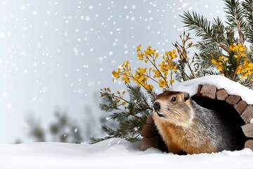 Obraz premium Cute cartoon groundhog emerging from wooden burrow in snowy winter landscape with yellow spring flowers and evergreen branches, celebrating Groundhog Day illustration