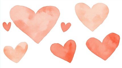 Fototapeta premium Watercolor hearts in various sizes and shades of pink and coral, arranged artistically on a white background, perfect for Valentine's Day or romantic themes with copy space