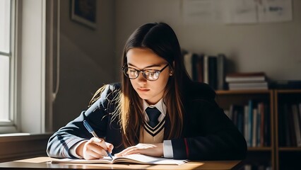 Young student wearing glasses diligently studying at a desk in a classroom setting.