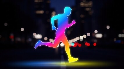 Obraz premium Dynamic neon runner illuminating the urban nightscape with vibrant energetic movement a symbol of