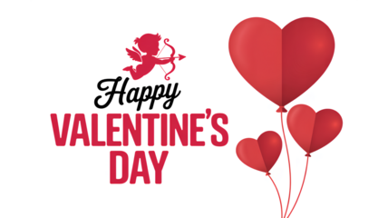 Happy valentine is day greeting card with cupid silhouette three red heart shaped balloons and stylized typography design