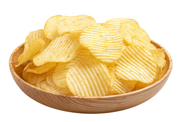potato chips in wood bowl, isolated on white background.