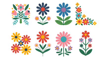 Minimalist flower graphics set with colorful petals green leaves and decorative floral arrangements for design