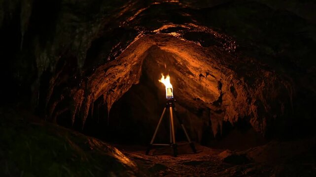 A silhouette illustration of the light in the cave within the cave where justice scales form a vector symbol against the sky as a law design icon