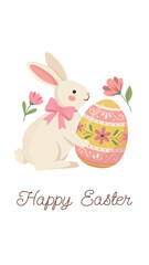 Fototapeta premium Happy Easter vertical background for stories and reels. Cute bunny holding big egg vector card