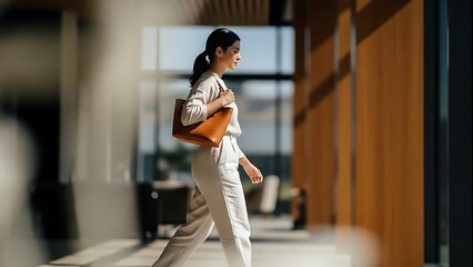 Young Woman Walking Confidently in a Modern Office Corridor.