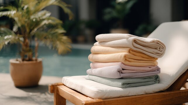 A stack of folded pastel colored towels rests on a wooden lounge chair beside a tropical swimming pool and a potted palm plant
