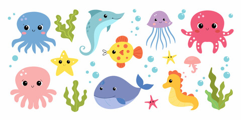Cute cartoon sea creatures including octopus jellyfish and fish in ocean © Topoti