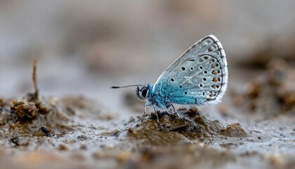 Obraz premium Close-up of a vibrant blue butterfly resting on the ground.