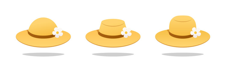 Cute straw spring hat with flower vector isolated on white background.