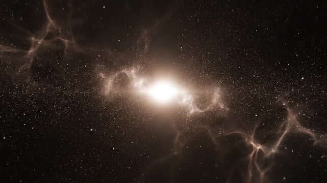 Bright white light shining through swirling cosmic gas and dust in a dark space with scattered