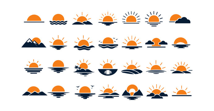 Minimalist landscape icon set featuring suns, horizons, mountains, and waves for nature and travel branding