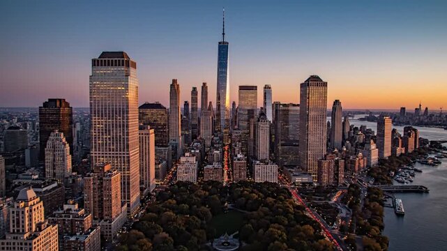 City skyline at sunset over central park and surrounding urban riverfront