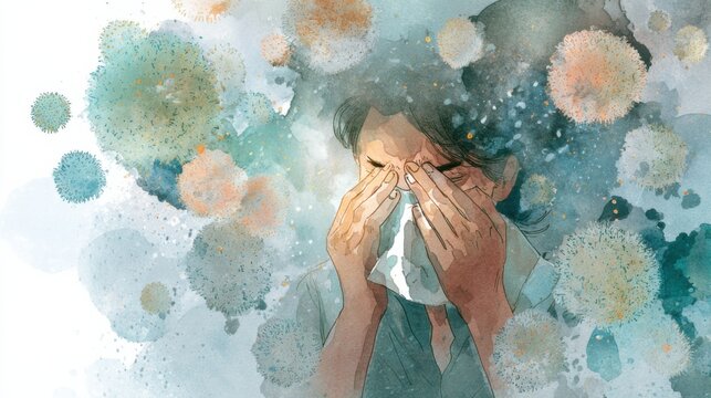 Person sneezes while holding a tissue, surrounded by abstract shapes representing allergens or germs in a soft color palette