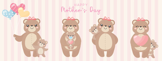Obraz premium Cute teddy bear mother and baby illustration set for Mother's Day.