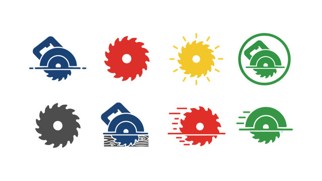 A collection of colorful circular saw blade logos on a white background