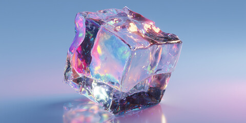 Iridescent chrome cube cracked open with spilling neon liquid light representing decentralized blockchain technology on a solid ultraviolet background.