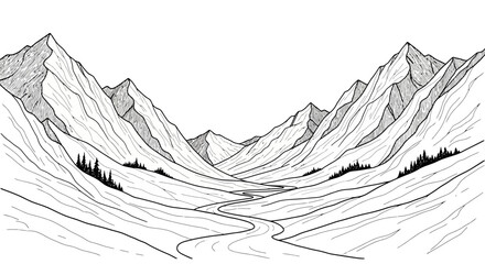 Hand drawn sketch of a winding river flowing through a mountain valley. © Tama