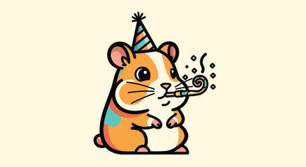 Cartoon hamster celebrating with party horn