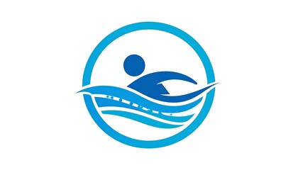 A blue logo on white background with a person swimming