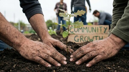 leadership development nonprofits volunteer community concept. Hands planting a young tree in a community garden setting.