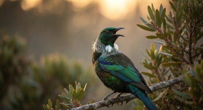 A tui bird, with iridescent feathers and white tuft, singing on a branch in morning light