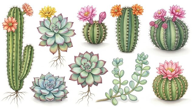 A digital illustration featuring various species of cacti and succulents in bloom from a front viewpoint.