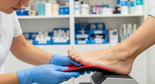 Podiatrist examining a patient's foot using a red scanner in a medical clinic setting with professional equipment nearby close-up view