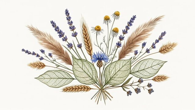 A beautiful floral arrangement of wildflowers and leaves viewed from directly above in a serene environment