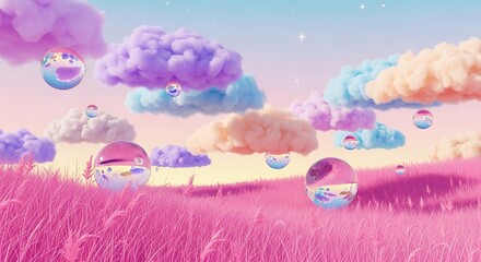 Obraz premium A vibrant and whimsical sky scene featuring soft, pastel-colored clouds and several spherical orbs floating gracefully.