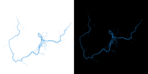 Electric blue lightning bolt on white and black backgrounds isolated on transparent background