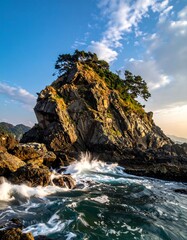 Rugged rocky outcropping rises dramatically from the churning sea under a partly cloudy, bright blue sky
