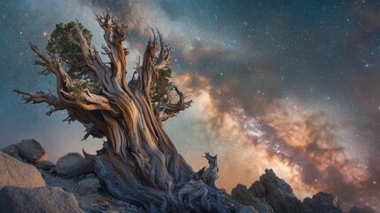 Fototapeta premium An ancient, weathered bristlecone pine tree on a rocky mountain ridge, its gnarled, twisted wood a testament to thousands of years of survival, set against a backdrop of stars.