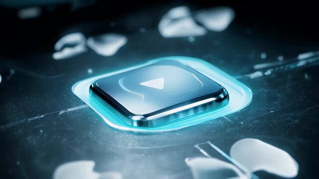 A glowing, futuristic play button on a dark, textured surface with floating shapes