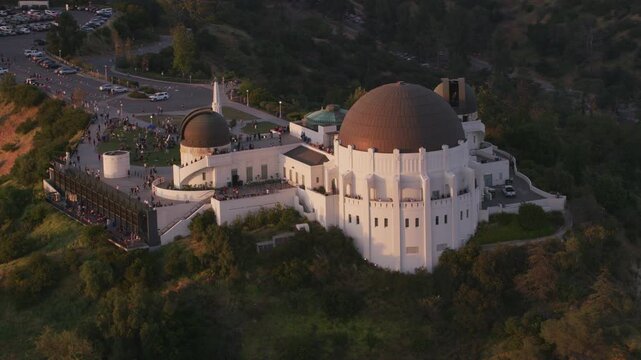 Aerial view of Griffith Observatory in Los Angeles, California.  Shot from helicopter with stabilized gimbal and RED camera. 