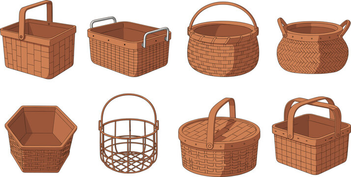 Set of traditional woven wicker baskets and picnic hampers in various shapes and sizes isolated on white for household and storage concepts.